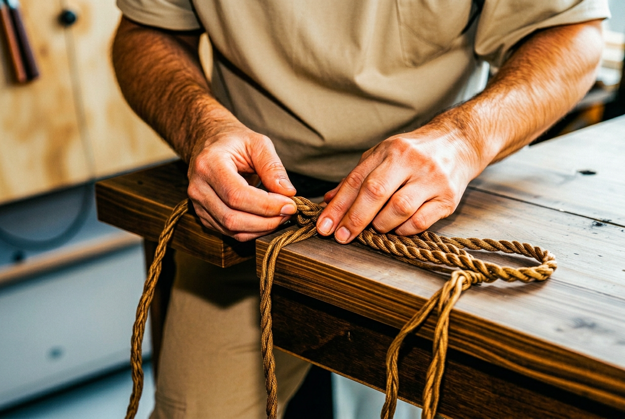 Mains d'artisan tressant un cordage