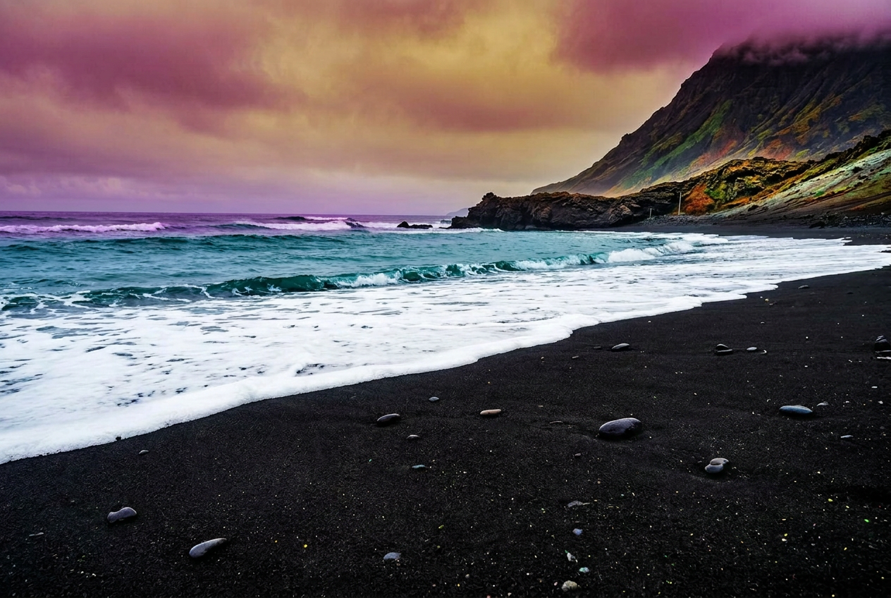 Rivage de sable noir et écume, La Réunion
